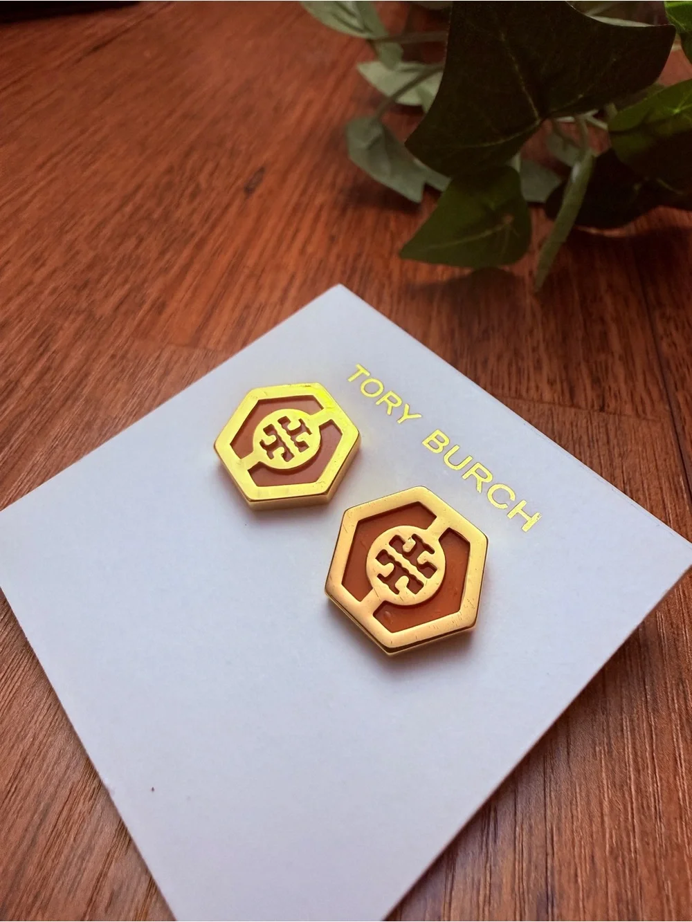 Tory Burch Gold and Brown Hexagon Logo Earrings
